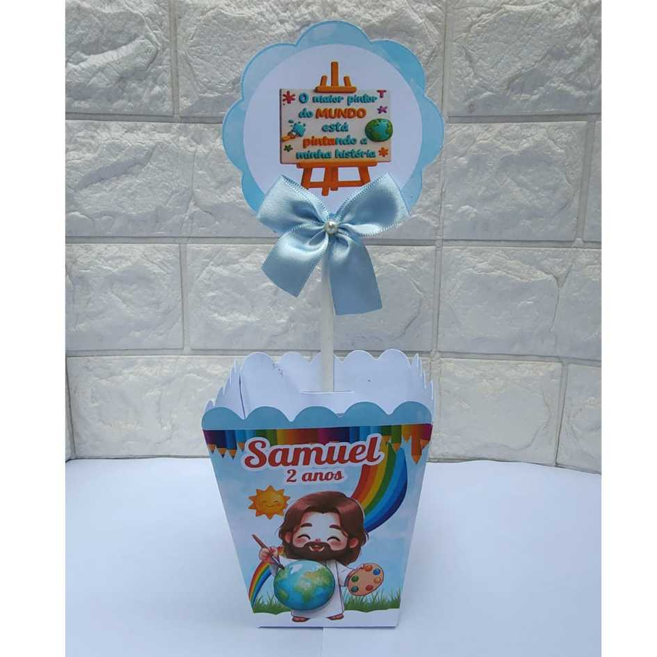 Centro de Mesa Cachepot Jesus Maior Pintor Do Mundo Menino Personalizado Lembrancinha Festa Infantil