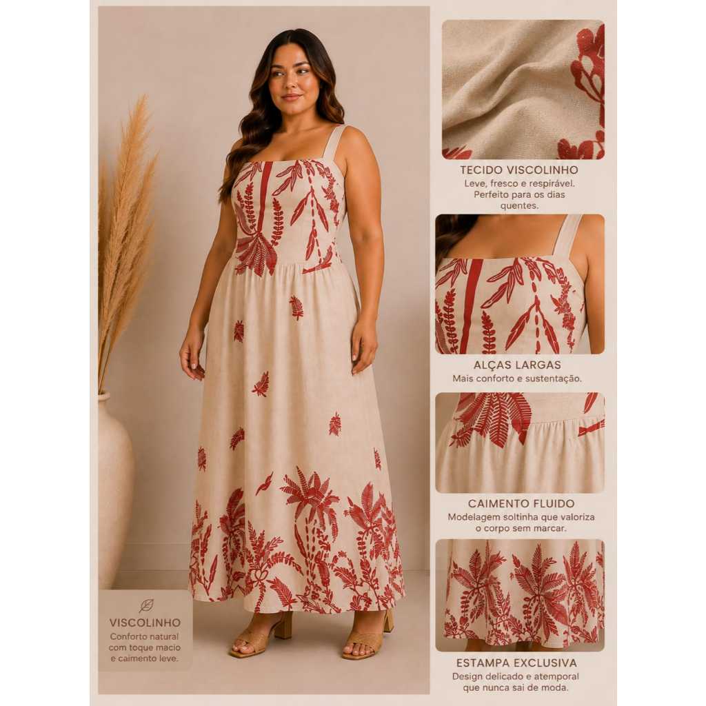 Vestido Longo Feminino Plus Size Viscolinho Estampado com Alças Largas – Leve, Elegante e Confortável