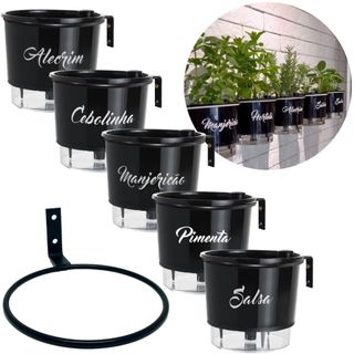 Vaso Raiz Autoirrigável Tamanho 03 1,7L Linha Gourmet Temperos + Suporte Parede Metal Jardim Vertical Pendente