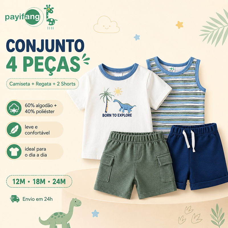 Conjunto Bebê Menino Payifang 4 Peças Verão com Camiseta Regata e 2 Shorts Estampa Dinossauro 12 a 24 Meses