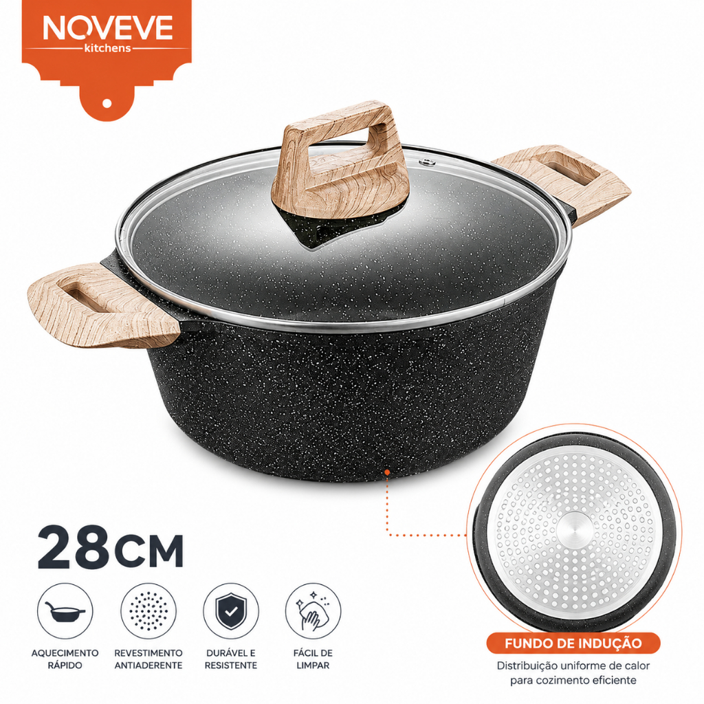 Panela Caçarola Antiaderente Grafite Cerâmica Premium 20/24/28cm | Indução | Não Gruda, Fácil de Limpar | Tampa de Vidro