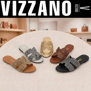 Rasteirinha Vizzano Feminino Strass Luxo Rasteira Brilho Cravejado Tira em H Slide 63711105 Original