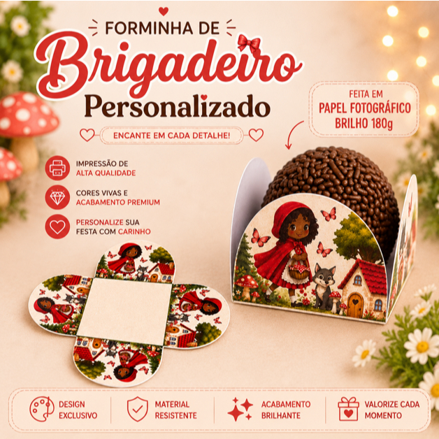 Forminha de Doces Chapeuzinho Vermelha Personalizada no Tema /Lembrancinha de Festa /Aniversário Menina morena e branca