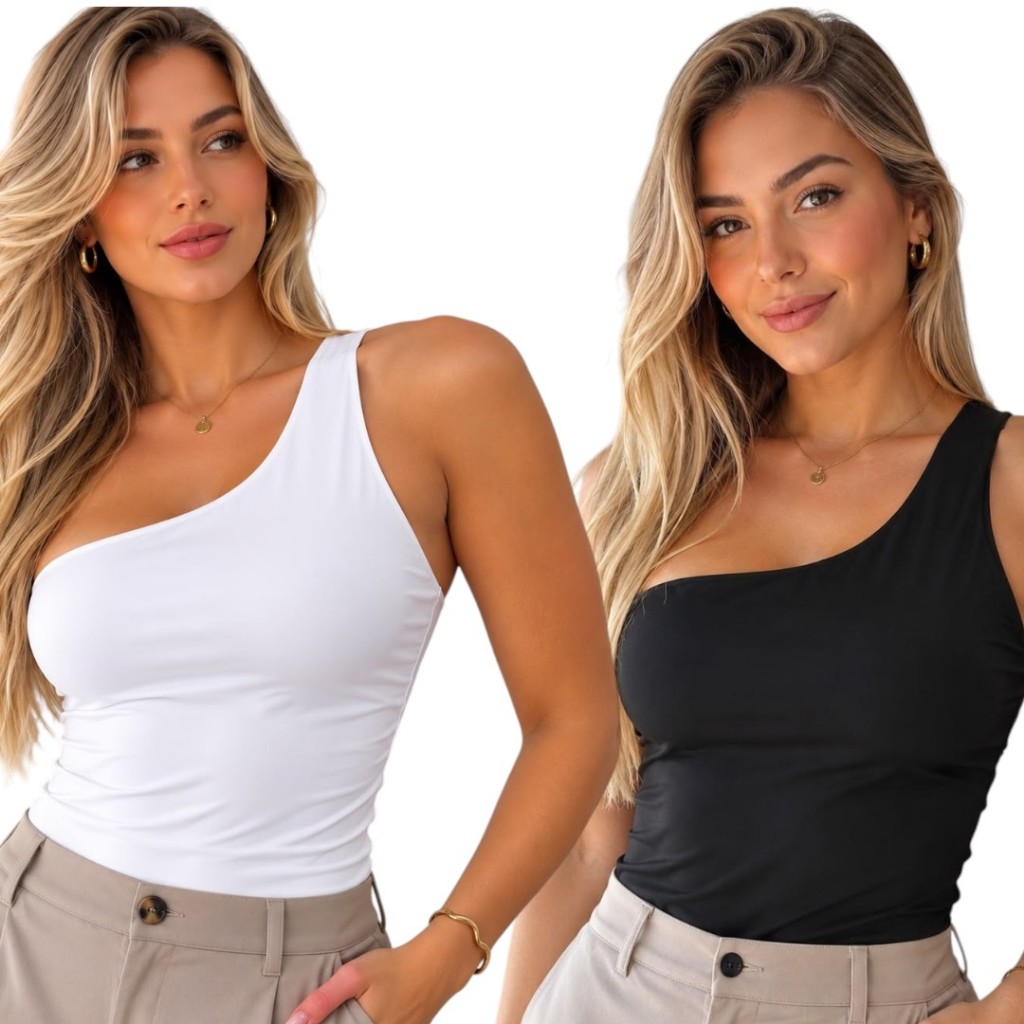 Blusa Feminina Um Ombro Só Nula Manga Toda Dupla com Elástico no Busto P ao GG