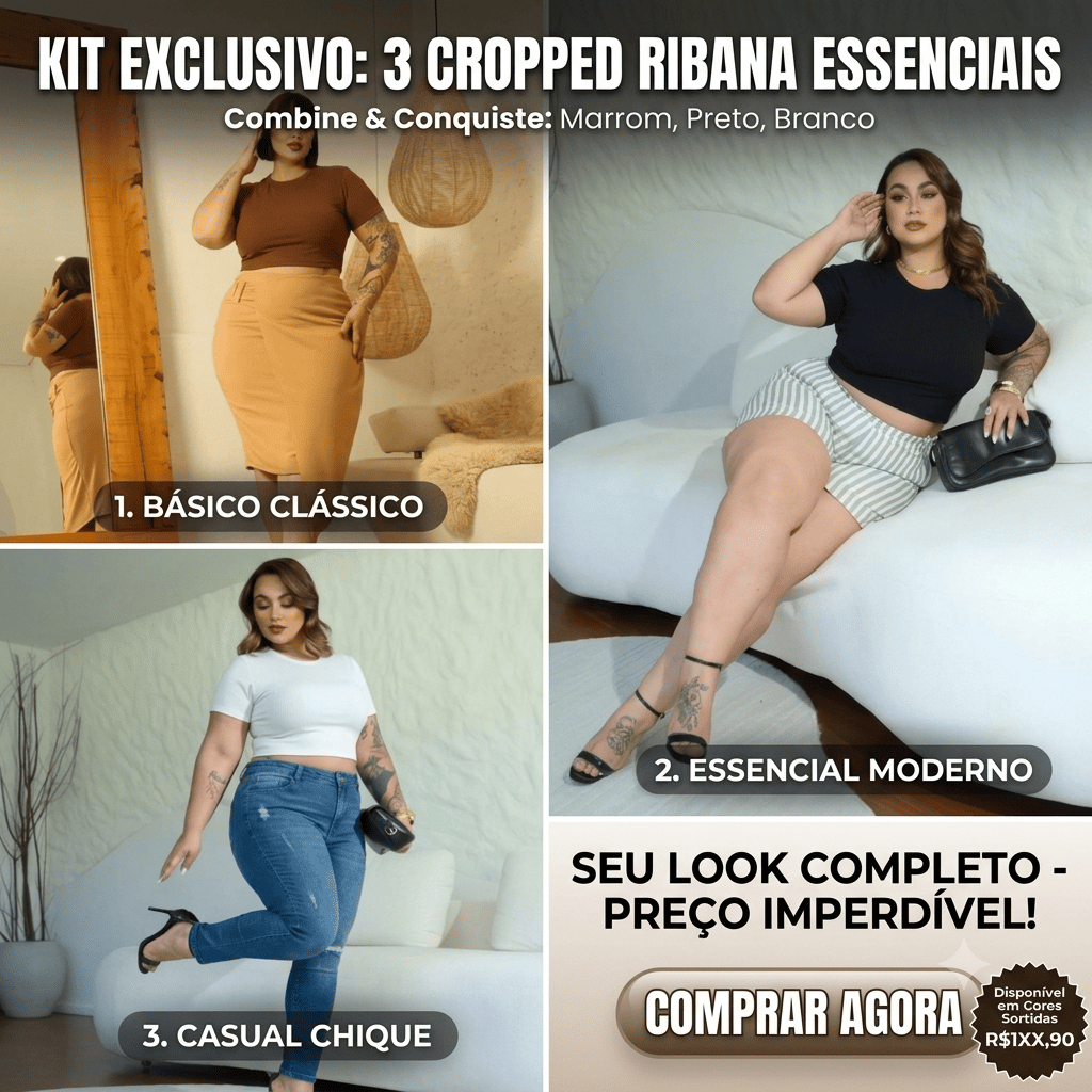 Kit 3 Cropped Plus Size Blusa Feminina Ribana Canelada Manga Curta C/Elastano G2 ao G3