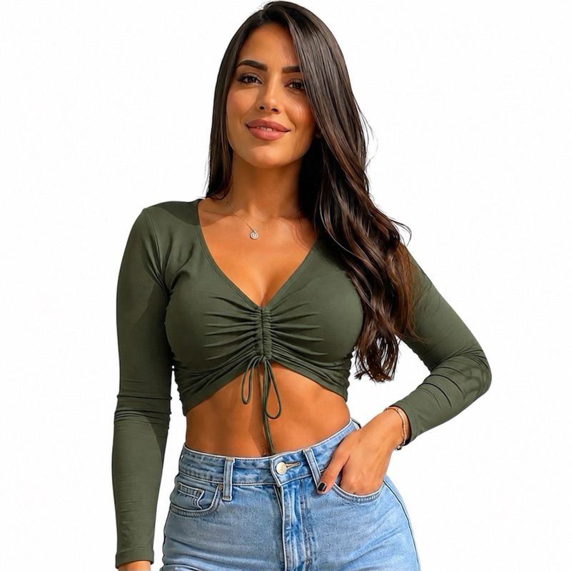 Cropped Manga Longa Franzido Ajustável
