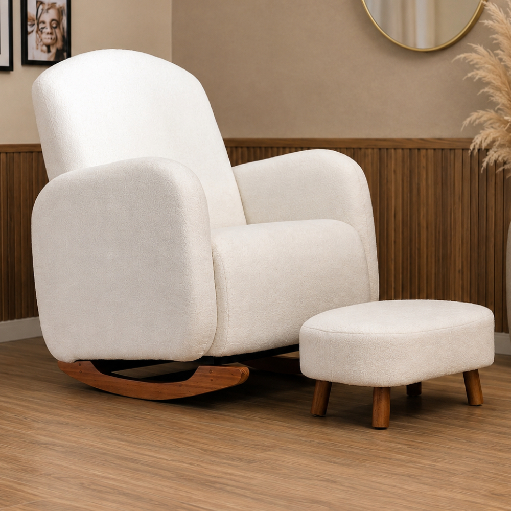 Poltrona de Amamentação Decorativa Curva Balanço Orgânica Boucle Bege ou Cinza com Puff para Sala Moderna Confortável!