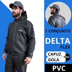 Capa De Chuva Moto PVC Impermeavel Delta Flex Unissex Motoqueiro Motoboy Com Gola Ou Capuz Preto Resistente Impermeável