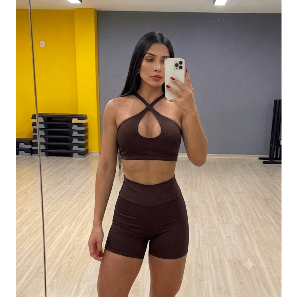 Conjunto de Top e Short Academia Feminino Liso com Bojo Removível Suplex Premium Moda Fitness