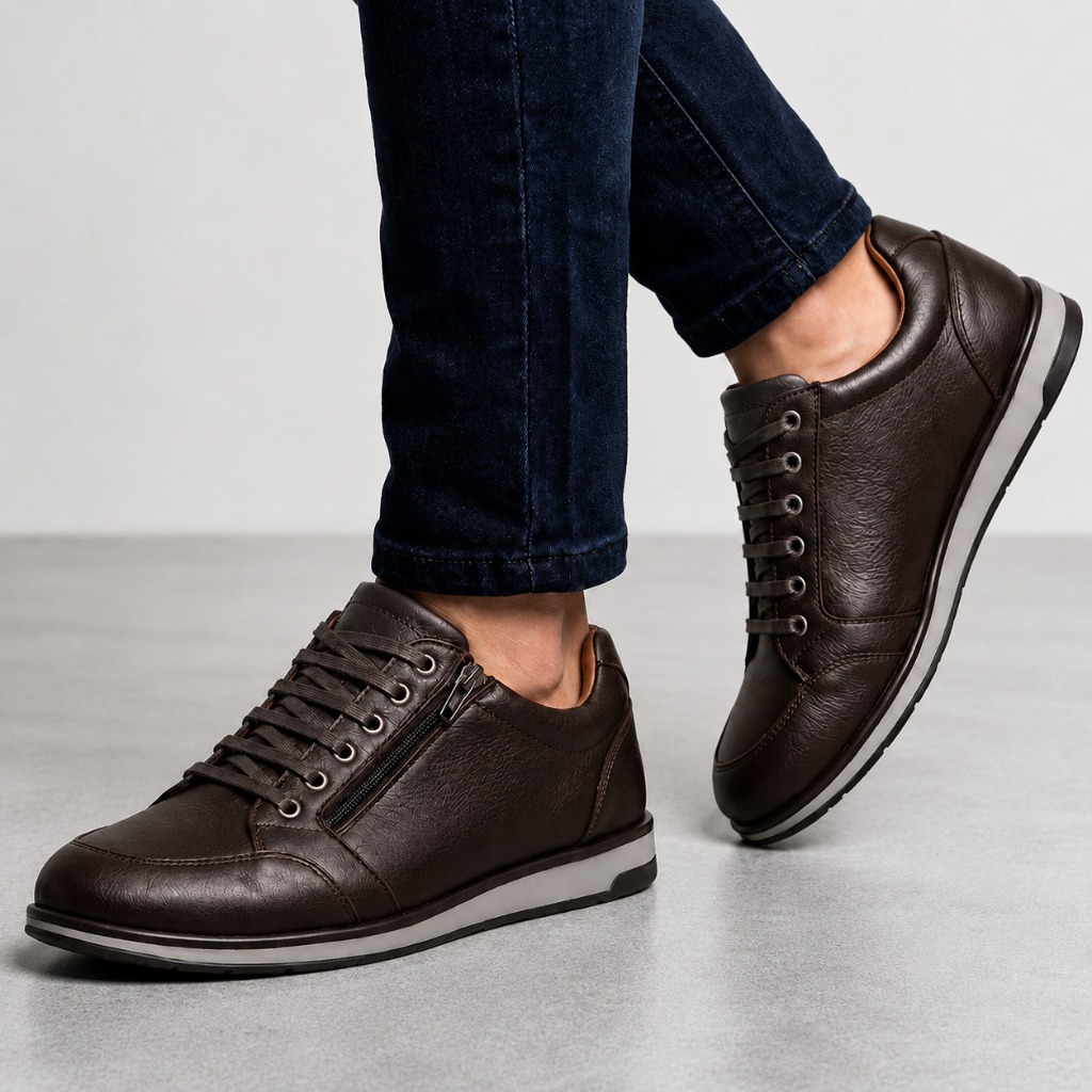 Tênis Masculino Casual Sapatenis Café Confortável com Zíper Lateral e Cadarço Sapato Premium