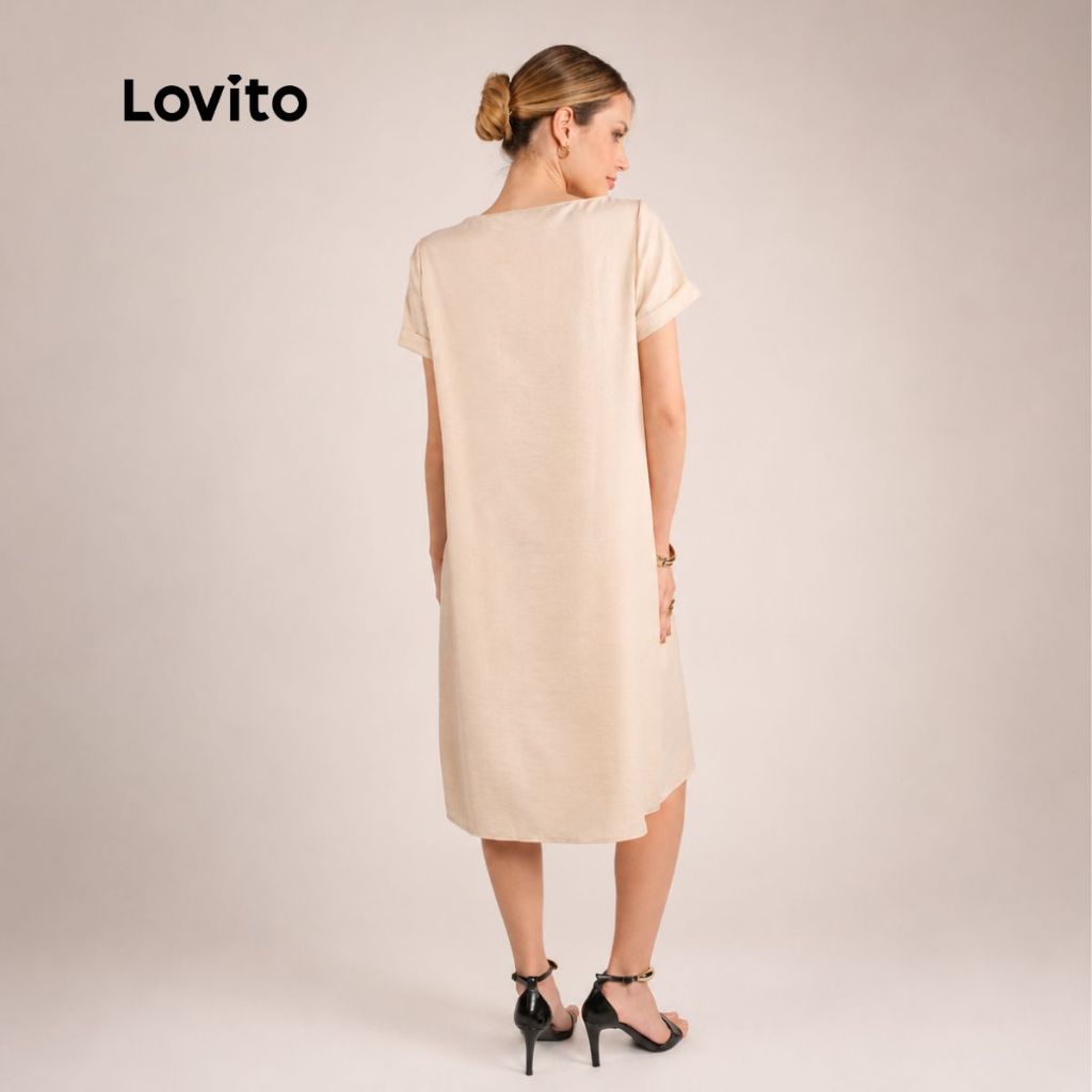 Lovito Vestido Feminino Elegante Mangas Curtas e Modelagem Ampla DRB21652195