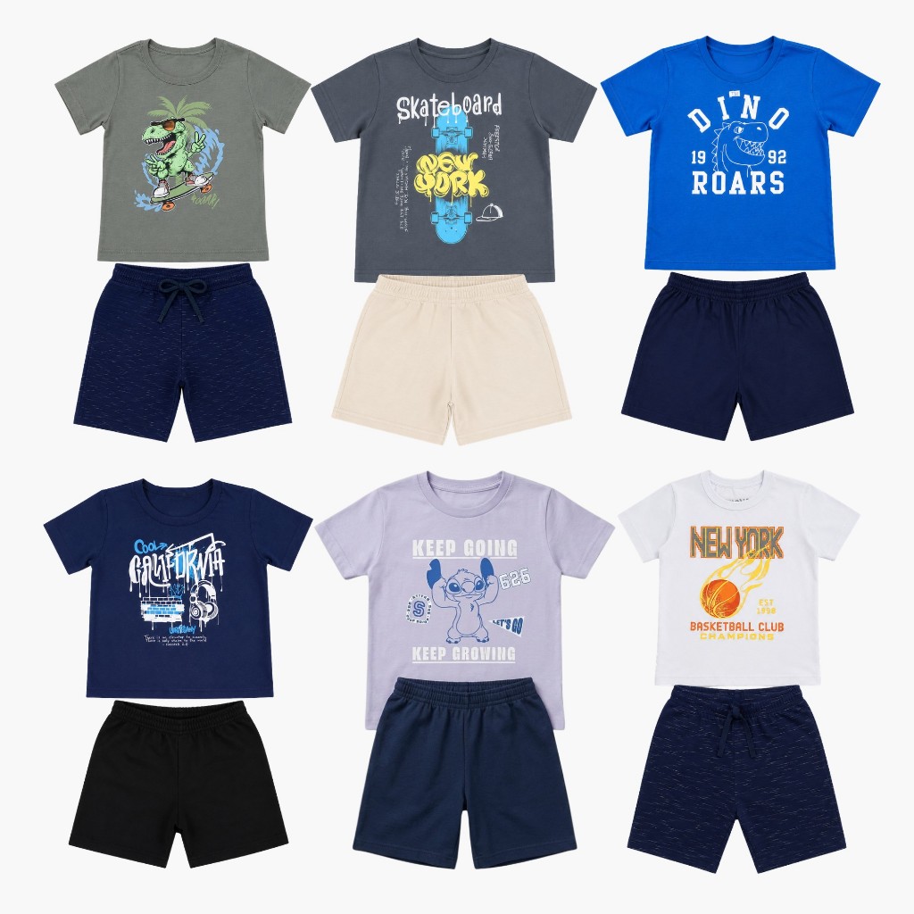 Kit 5 Conjuntos Infantil Masculino Verão Sortido 10 Peças Blusa Infantil + Bermuda Tam. 1 ao 8 Anos