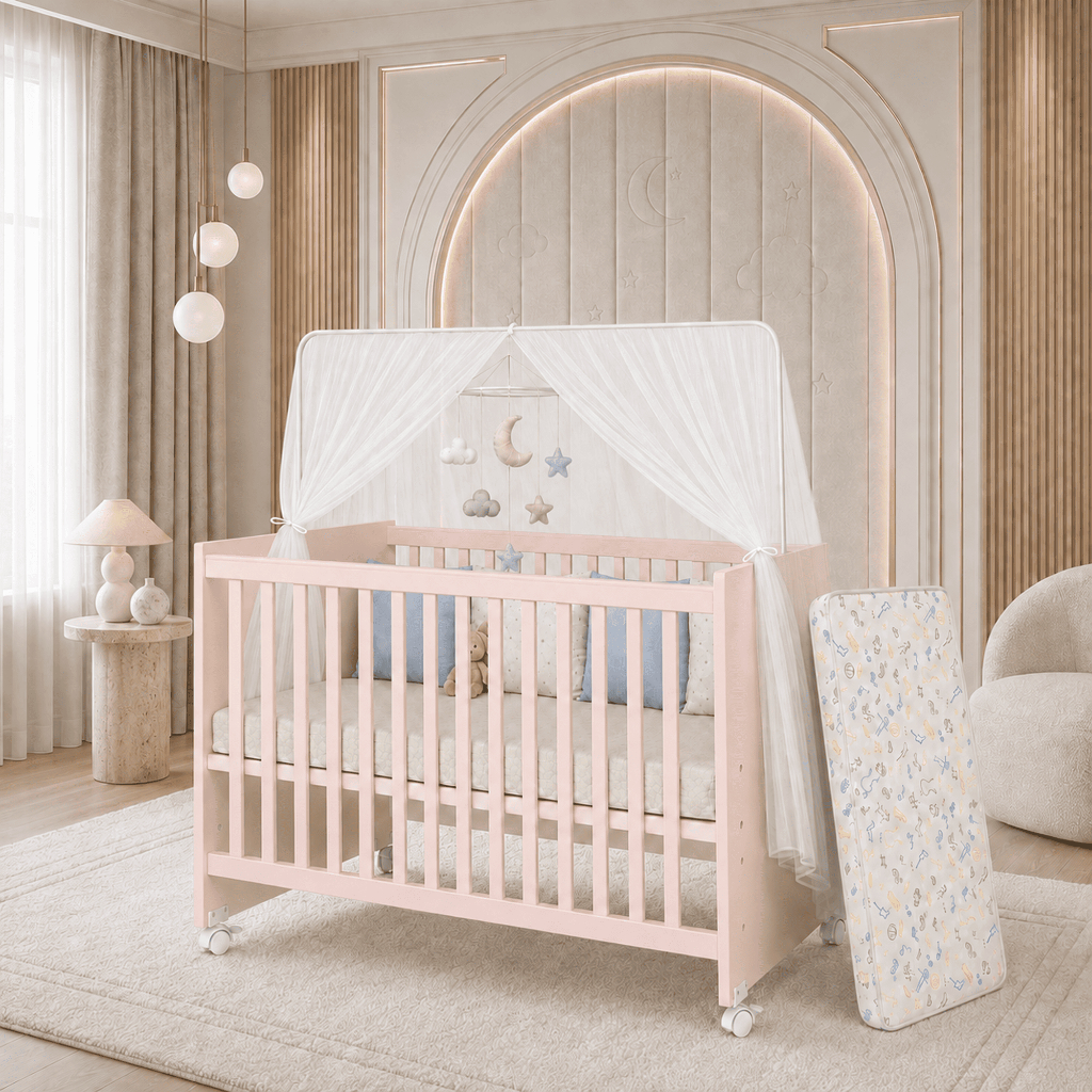 Berço Infantil Americano com Colchão Incluso Mosquiteiro 3 Alturas Estrado Regulável Rodízios Quarto Bebê Rosa