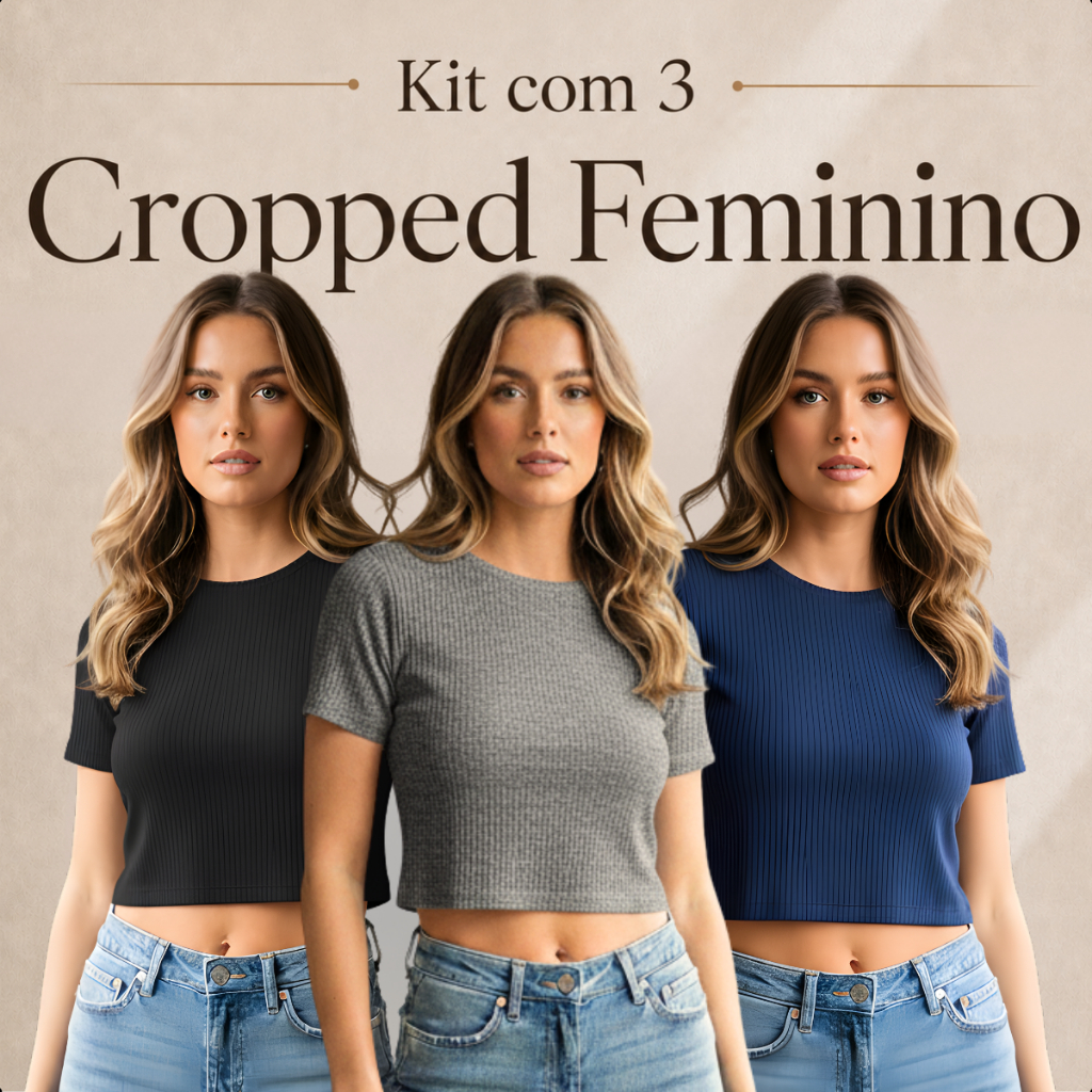 Kit 3 Blusa Cropped Manga Curta Manguinha Canelada Feminina Qualidade Tecido Premium Estilosa Moda Gringa Básica Baby