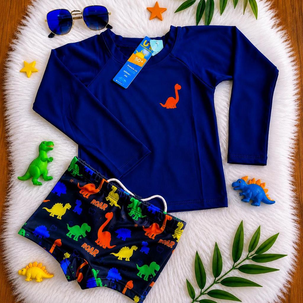Conjunto Praia Infantil UV50+ Blusa Proteção Térmica Mais Sunga Menino Roupa de Banho 1 a 10 anos