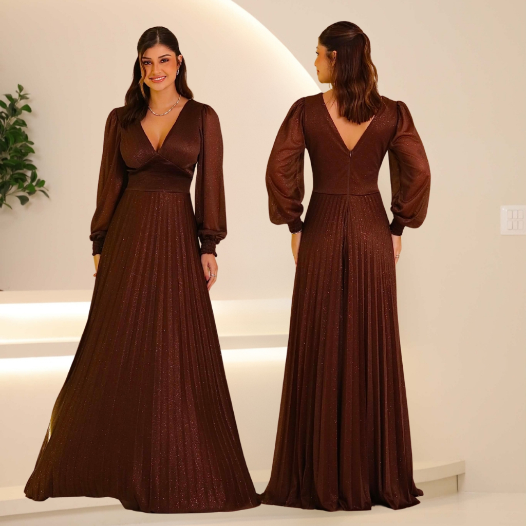 Vestido de Casamento Longo Ideal Para Eventos Especiais Brilho/Glitter