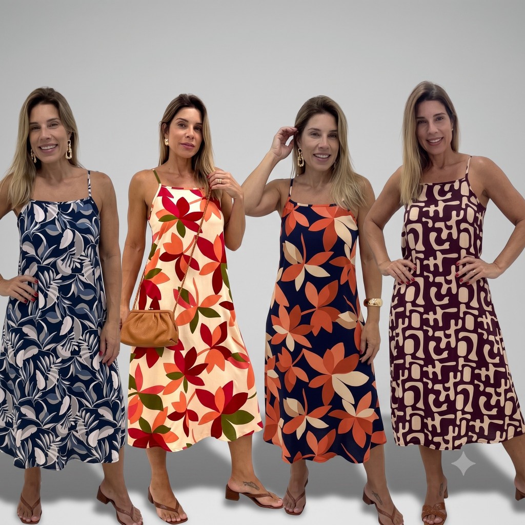 Vestido Longuete de Viscose Estampada Decote Quadrado e Alça Fina