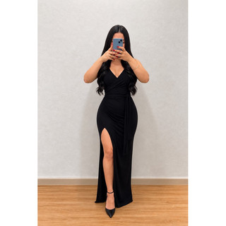 Vestido Longo Envelope Feminino Transpassado com Fenda Vestido Longo Oncinha Vestido Longo Preto