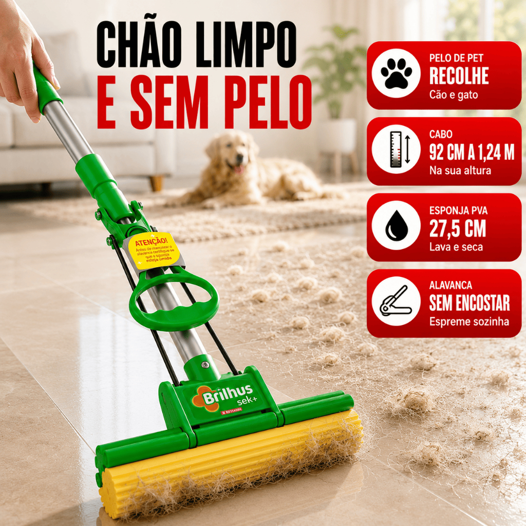 Mop Sekito Brilhus SEK+ Bettanin Cabo Retrátil Recolhe Pelos Animais Lava Seca Pisos BT2024