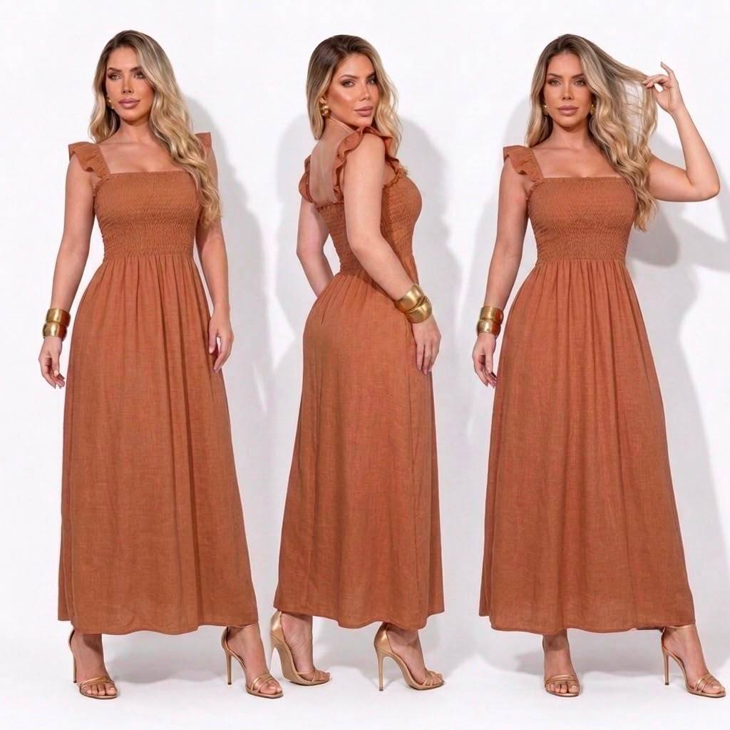 Vestido Longo Liso com Alças Babado Viscolinho com Forro e Elástico na Cintura Elegante Festa Trabalho Moda Tendência