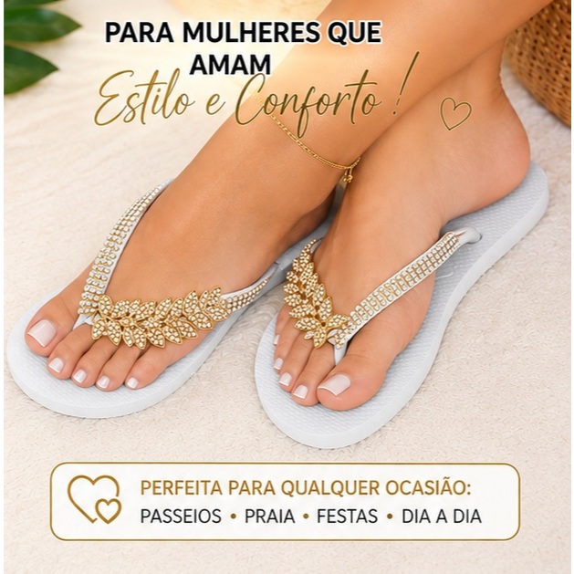 Chinelo Slim Branco Feminino com Pedraria Dourada Personalizado Luxo Confortável Antiderrapante
