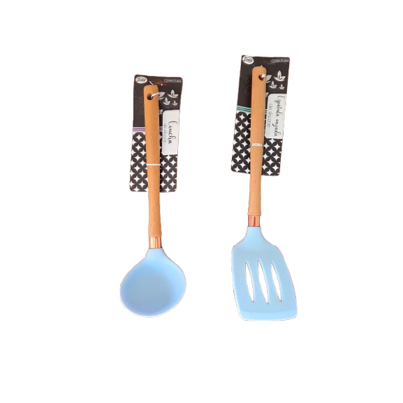 Kit Utensílios de Cozinha Espátula e Concha Silicone Cabo Madeira Antiaderente Resistente ao Calor