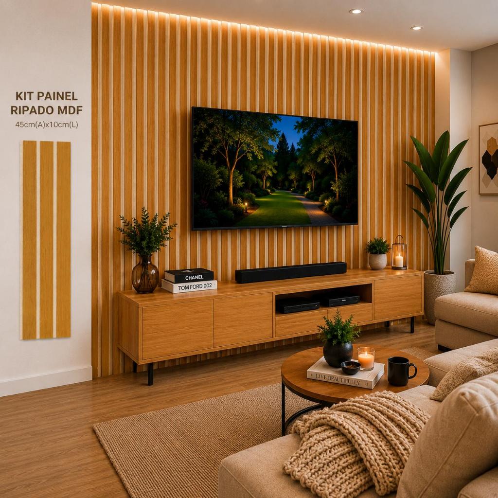 KIT 10 Até 100 PLACAS PAINEL RIPADO MDF MADEIRA PREMIUM 45CMX10CM SALA TV QUARTO ESCRITÓRIO COZINHA
