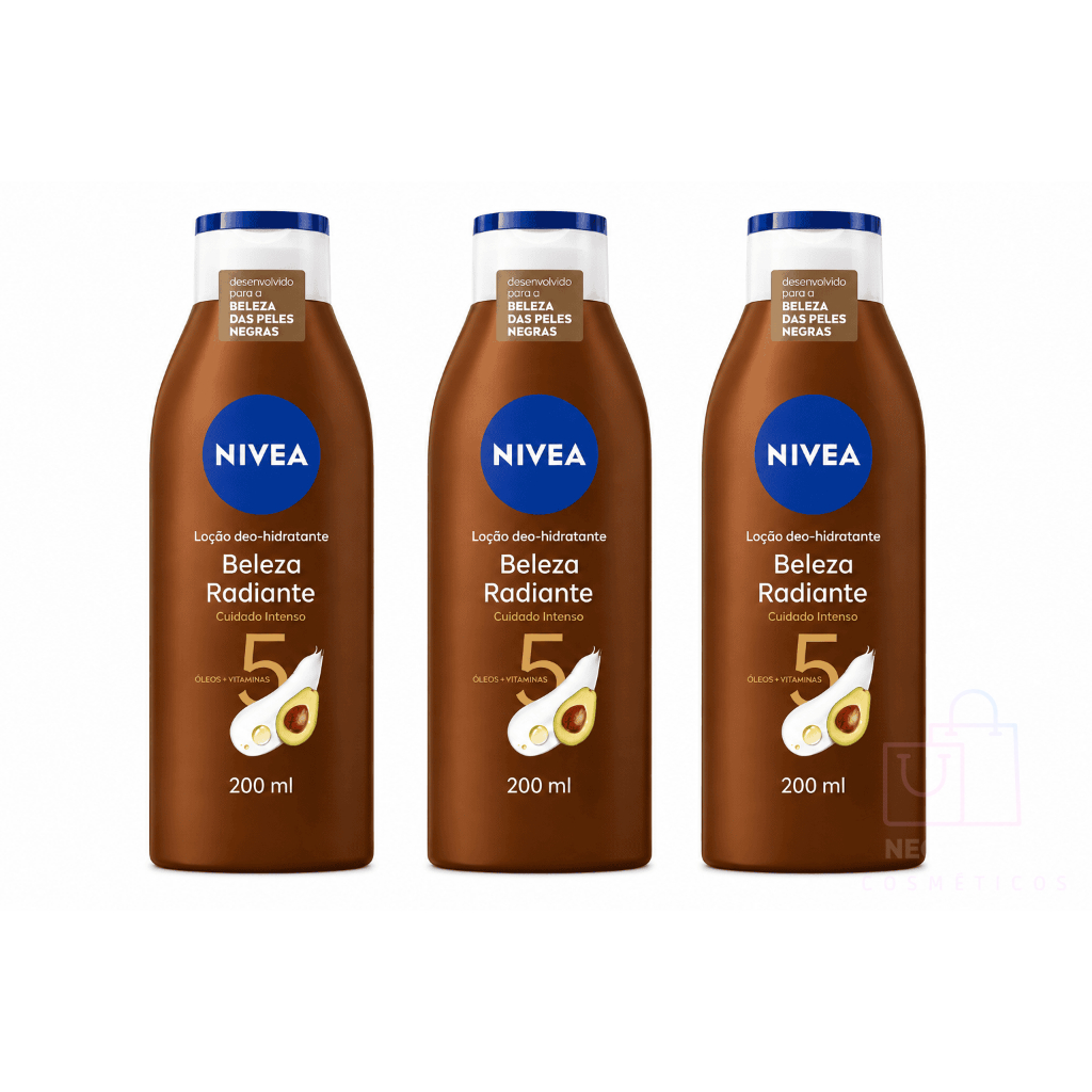 Kit com 03un Loção Deo Hidratante Corporal Nivea Beleza Radiante Cuidado intenso Negra 200ml