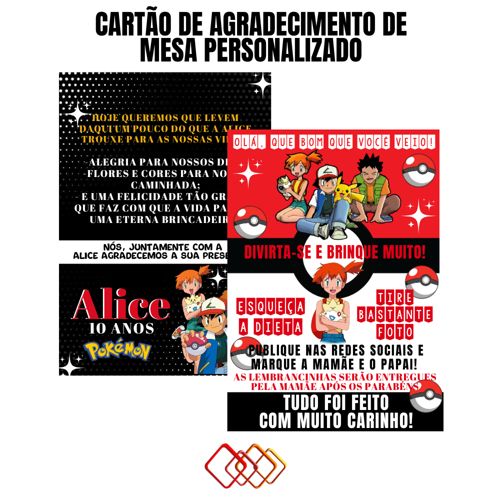 Plaquinha de Mesa - Pokémon Personalizado - Aniversário - Enfeite - Centro de Mesa  - Cartão Cavalete