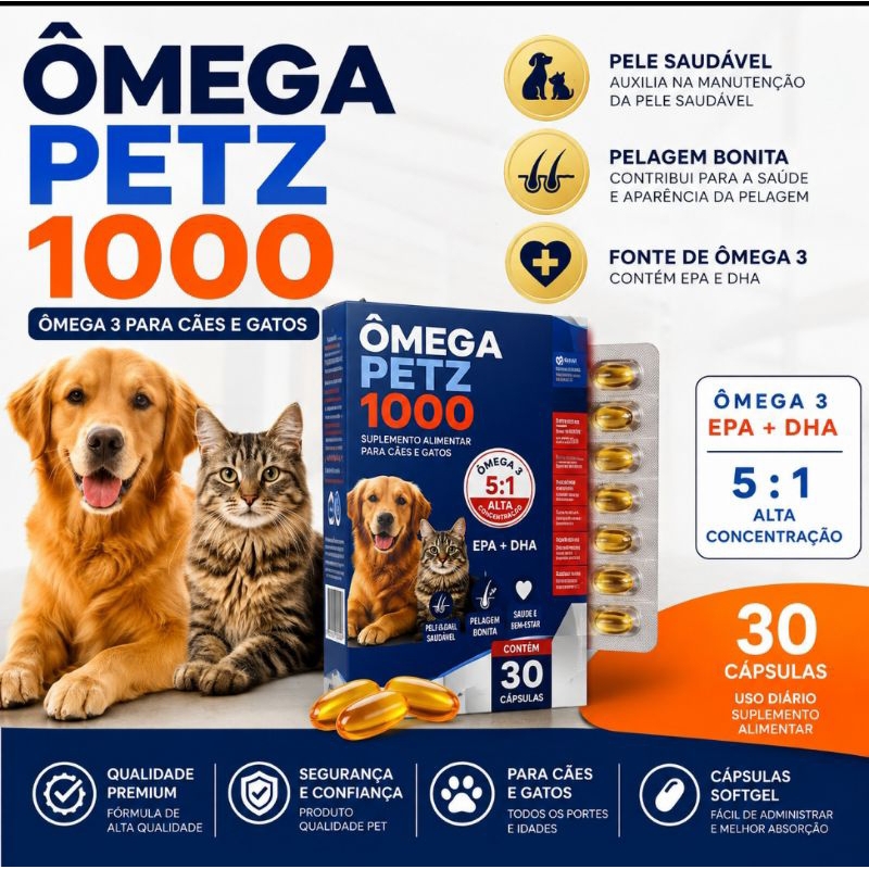 Ômega 3 para Cães e Gatos 1000mg | Suplemento Pet | 30 Cápsulas | EPA e DHA