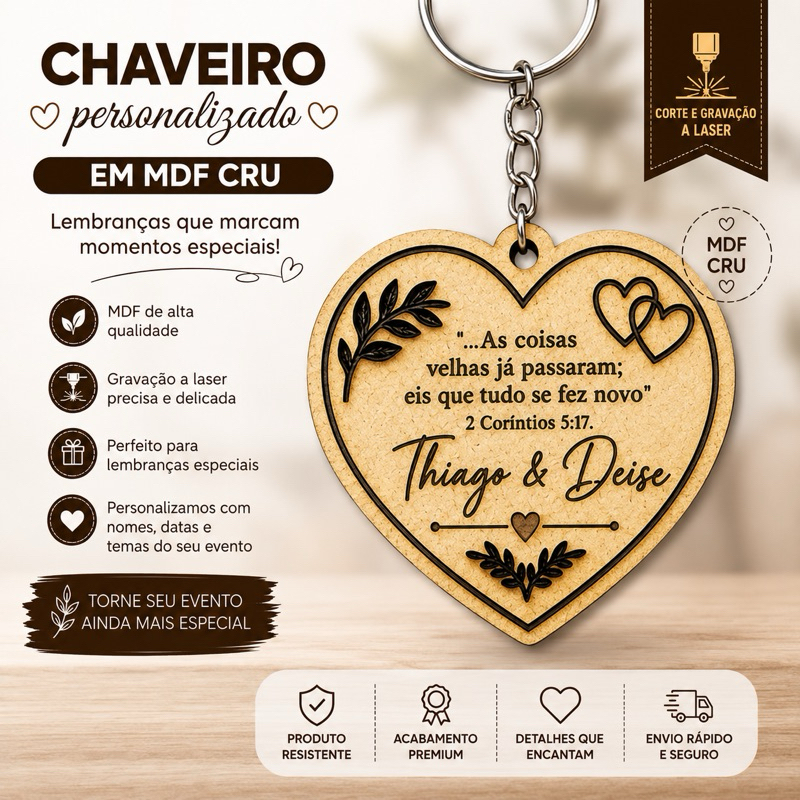 Chaveiro Personalizado em MDF em Formato de Coração | Lembrancinha para Casamento e Eventos