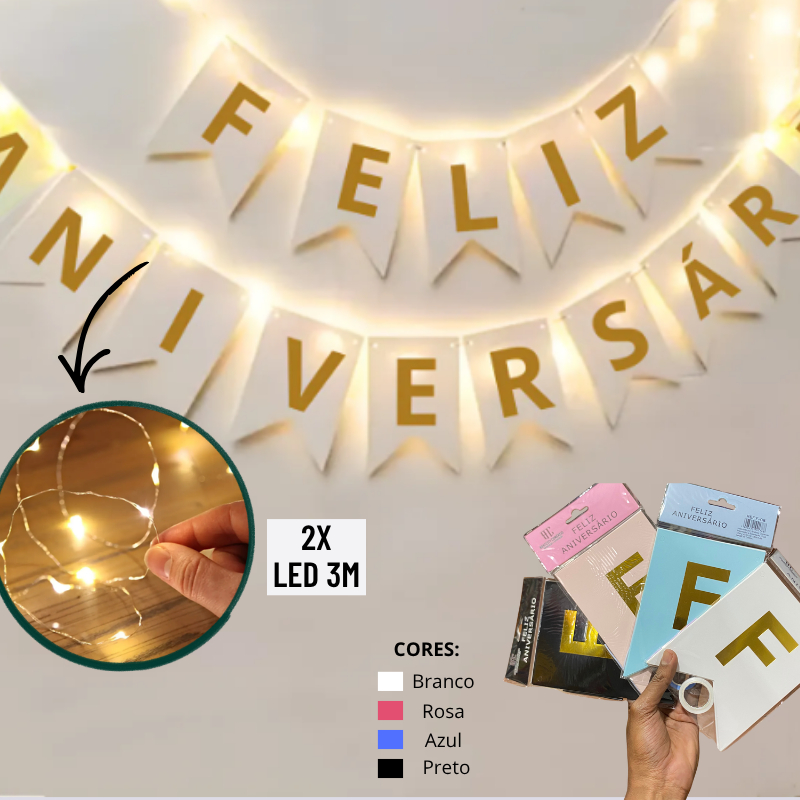 Kit Faixa Feliz Aniversario Varal 2 Led Fio De Fada Amarelo Parabéns Bandeirinnha Festa Banner Simples Artigos de Festa