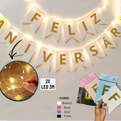 Kit Faixa Feliz Aniversario Varal 2 Led Fio De Fada Amarelo Parabéns Bandeirinnha Festa Banner Simples Artigos de Festa