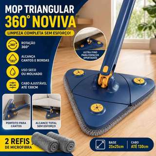 360 Triangular Mop° Noviva with Adjustable Cable 130cm | 25x25cm Base and 2 Microfiber Cloths for Floors and Corners