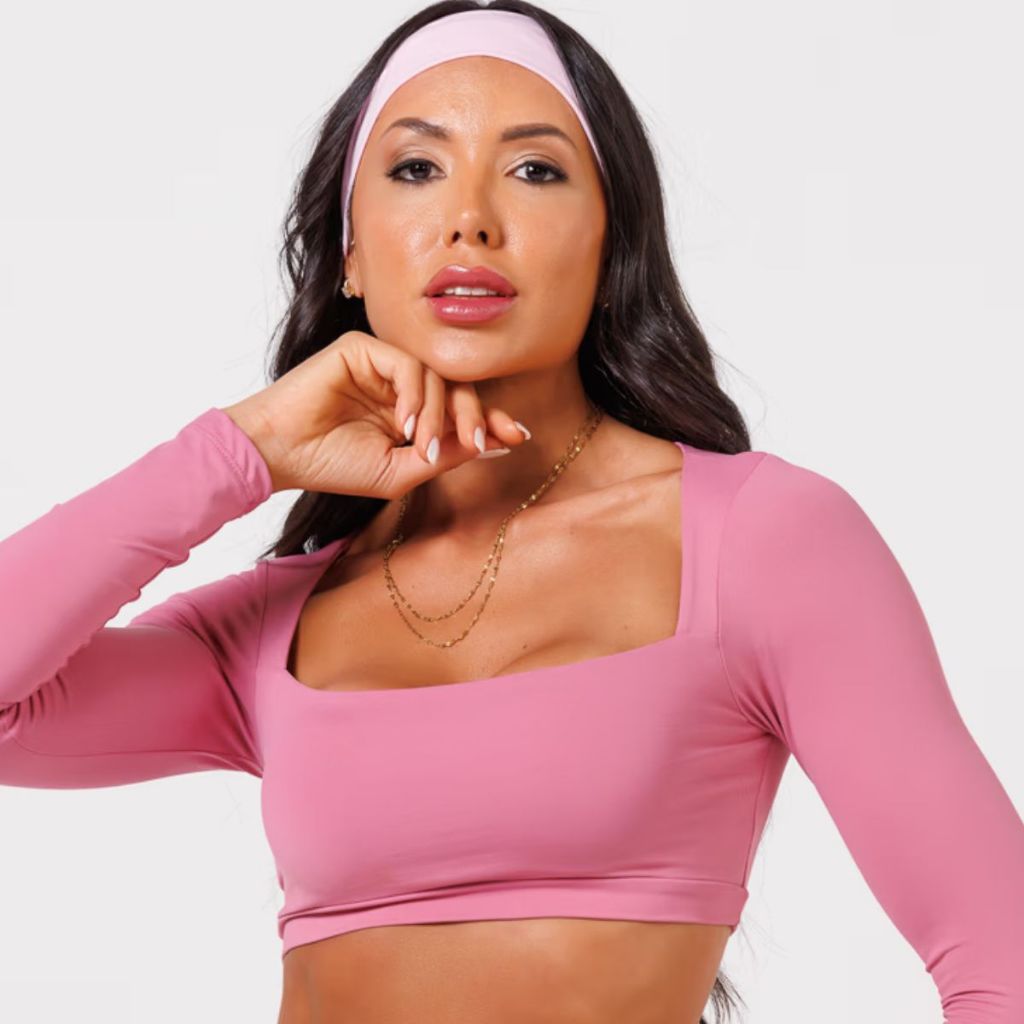 Top Feminino Academia Manga Longa Rosa Blush Tamanho M - Poliamida Premium Bojo Removível