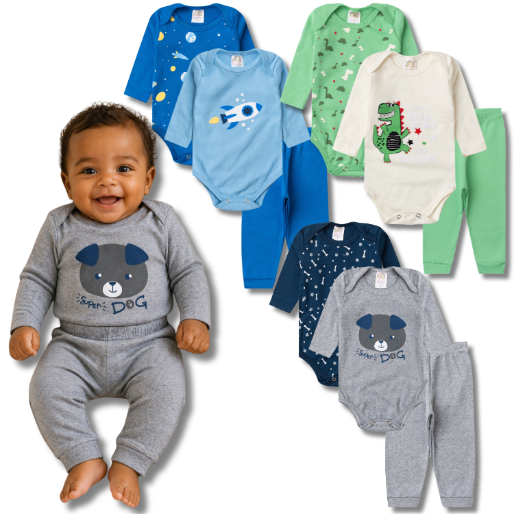 Kit Conjunto Body Masculino/Menino Bebê Inverno - 2 Bodies Manga Longa + 1 Calça