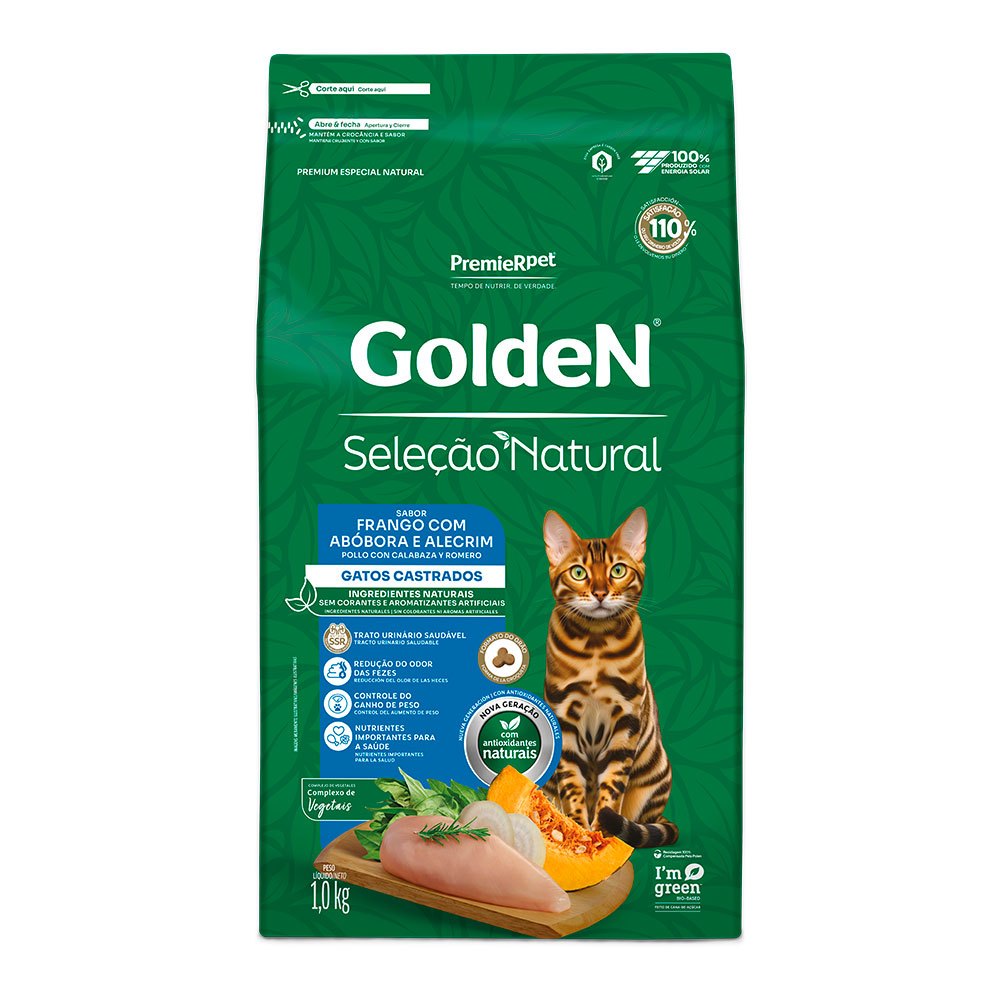 Ração Golden Seleção Natural Gatos Adultos Castrados Frango com Abóbora e Alecrim 1kg
