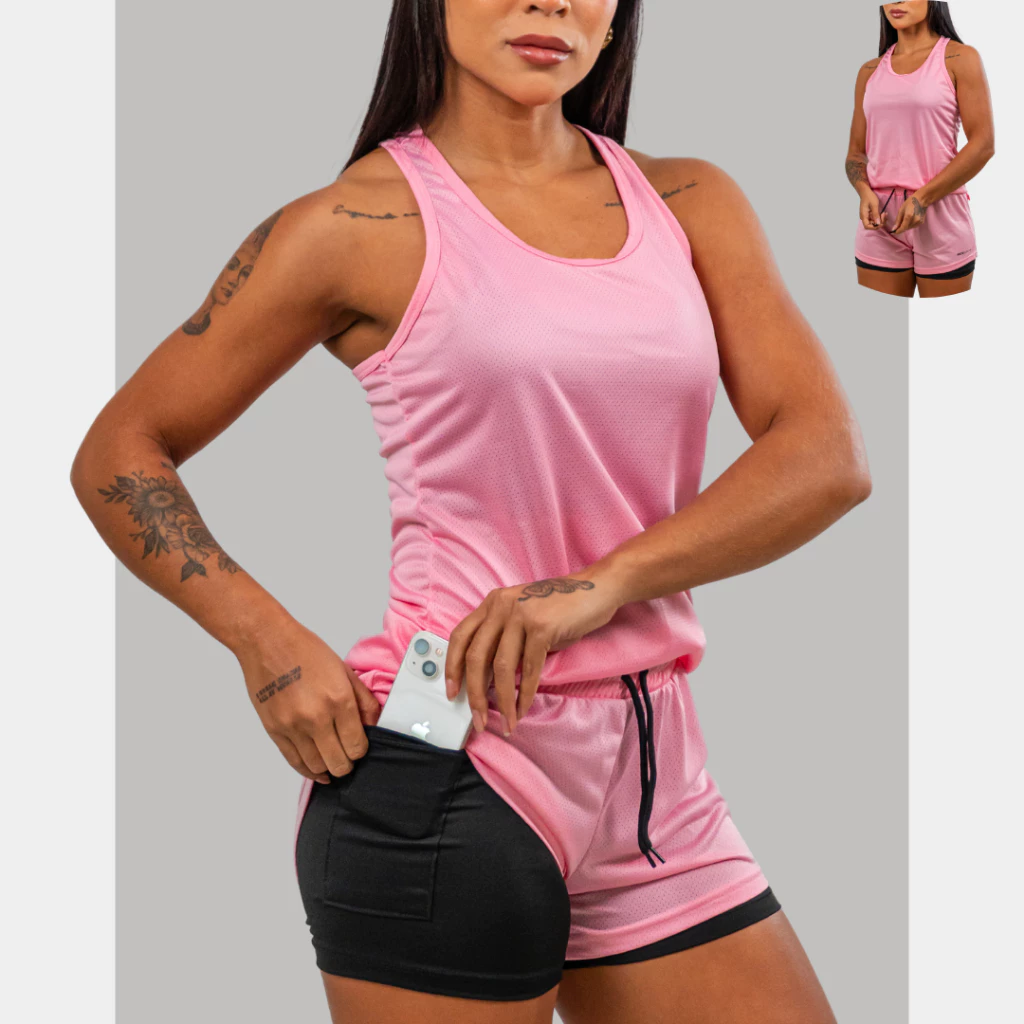 Conjunto Feminino Academia Short 2em1 com Bermuda compressão e Regata Nadador pra Exercício e Treino — imagem 1