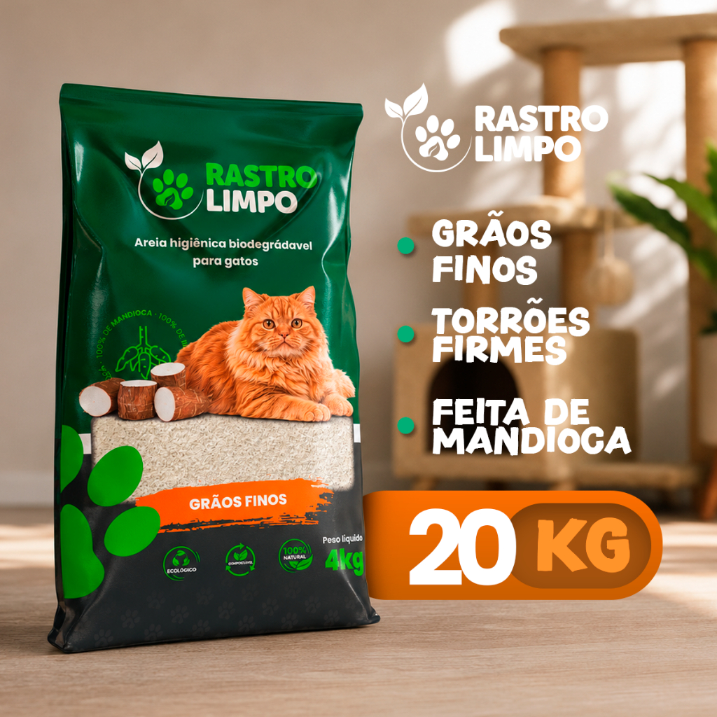 Areia 20kg Biodegradável Gato Grãos FINOS Rastro Limpo Mandioca Torrão Firme Sem Poeira Higiênica