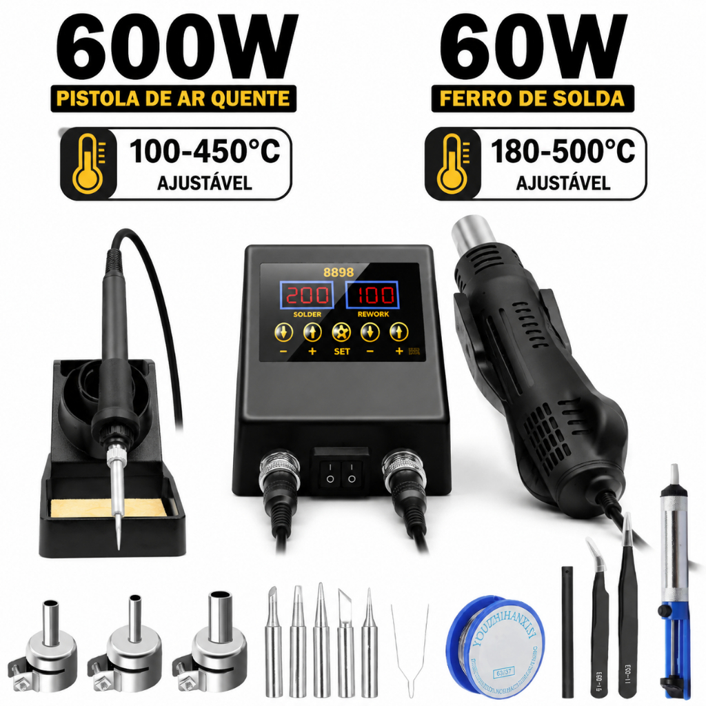 Estação de Solda e Retrabalho 2 em 1 600W Profissional, Ferro de Solda,Modo Sleep Automático, Kit Completo