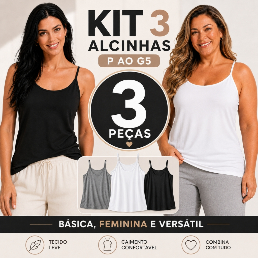 Kit 3 Regatas Femininas de Alcinha em Viscolycra com Elastano P ao G5 Muses