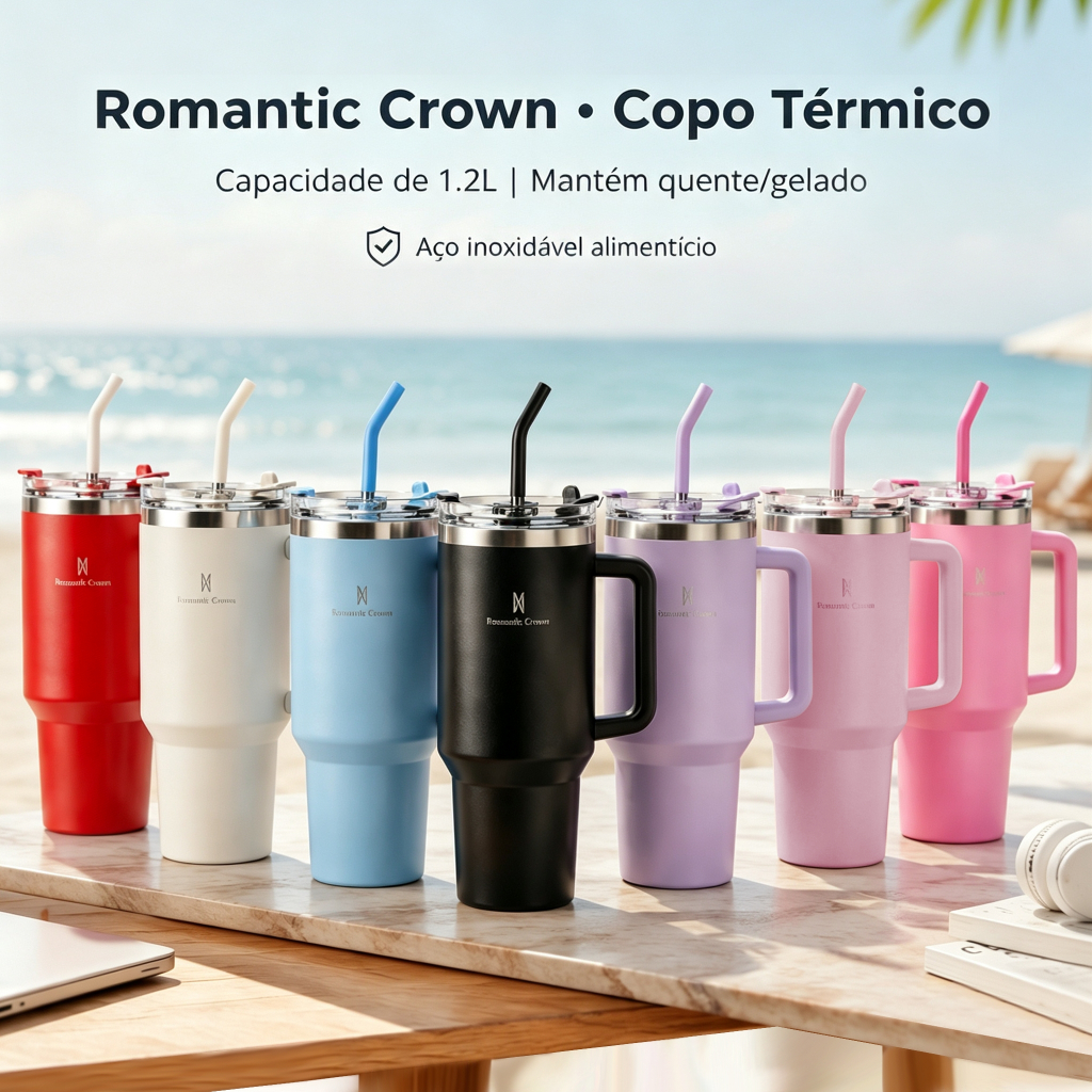 ROMANTIC CROWN Copo Térmico Inox Portátil 1200ml/600ml/1.2L Garrafa Térmica Inoxidável com Tampa e Canudo