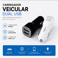 Carregador Veicular Carro Inova para Celular Fonte 2 entradas USB Turbo Rápido