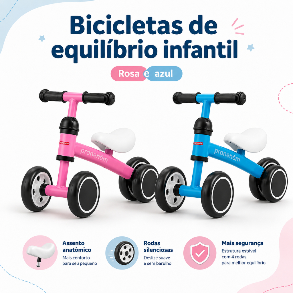 Bicicleta de Equilíbrio Infantil 4 Rodas Praneném com Assento Anatômico e Rodas Silenciosas +18 Meses Rosa ou Azul
