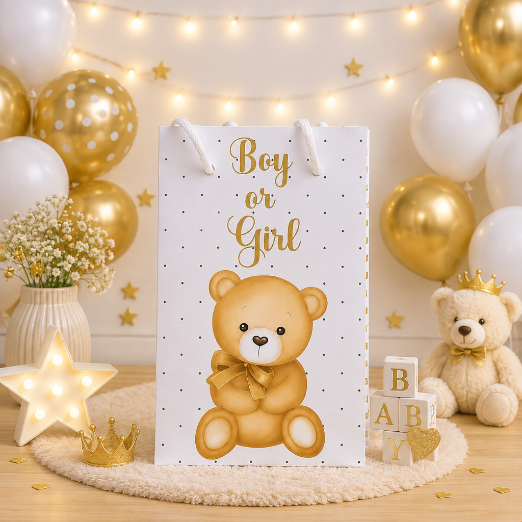 Sacolinha Personalizada (P) URSINHO DOURADO Lembrancinha Chá Revelação Chá de Bebê (pegue e monte)
