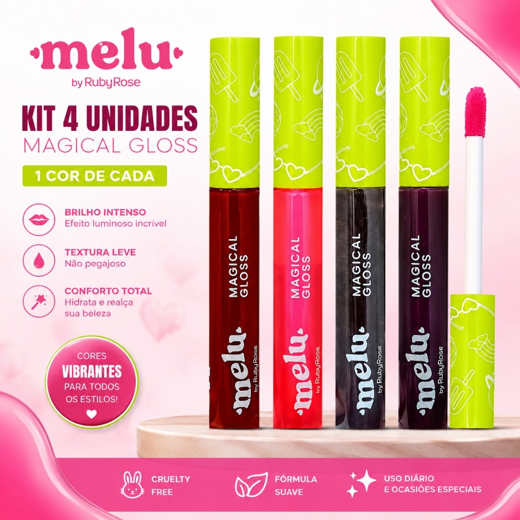 Kit Com 04 Gloss Melu Magical Ruby Rose Cores Variadas Brilho Labial Efeito Luminoso