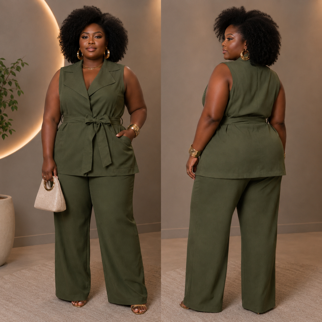 Conjunto Plus Size Feminino Colete Com Cinto Gola Lapela E Calça Social
