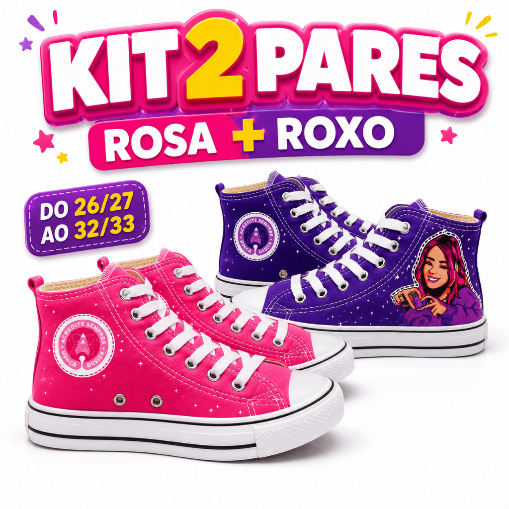 Kit 2 Pares Tênis Infantil Menina Feminino Cano Alto Rosa Roxo Estampado Casual Escolar Passeio Dia a Dia
