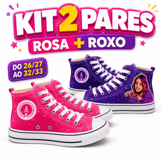 Kit 2 Pares Tênis Infantil Menina Feminino Cano Alto Rosa Roxo Estampado Casual Escolar Passeio Dia a Dia