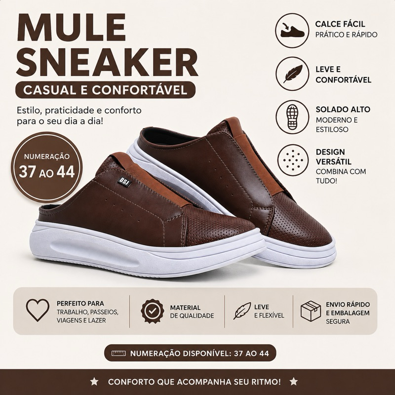 Mule Sneaker Masculino Casual Confortável Slip On Solado Alto Chunky Moderno